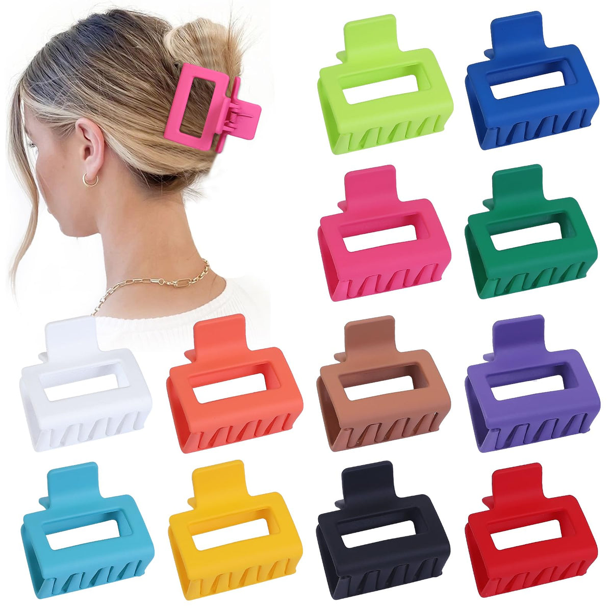Sisiaipu 2 Inch Medium Hair Claw Clips 12 Pcs Square Hair Clips for Thin Hair Matte Nonslip Acrylic Banana Jaw Clips Bulk Hair Accessories for women and Girls - Colorful