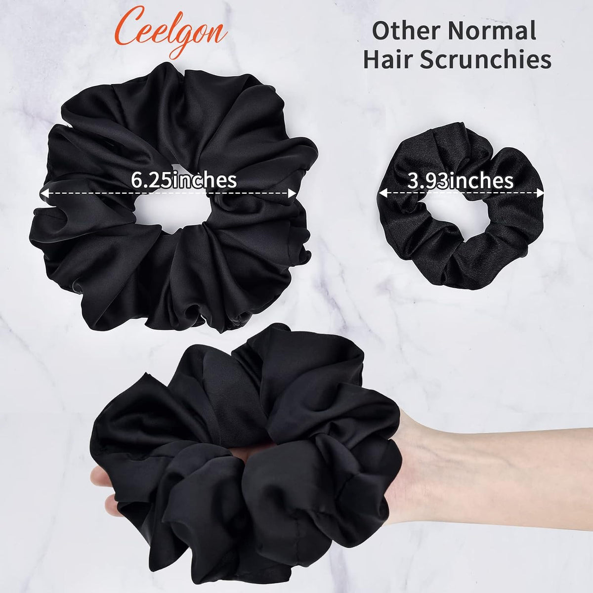 Black Big Scrunchies for Women 6.3Inches Large Scrunchie Satin Oversized Silk Thick Elastic Hair Ties Jumbo Hair Scrunchies 6 Pack (Black)