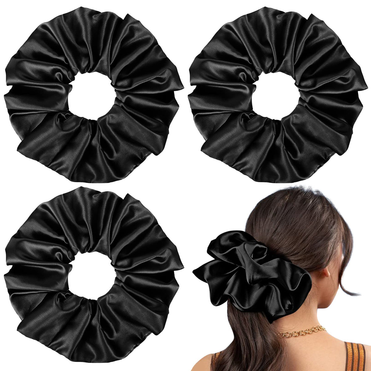 Black Big Scrunchies for Women 6.3Inches Large Scrunchie Satin Oversized Silk Thick Elastic Hair Ties Jumbo Hair Scrunchies 6 Pack (Black)