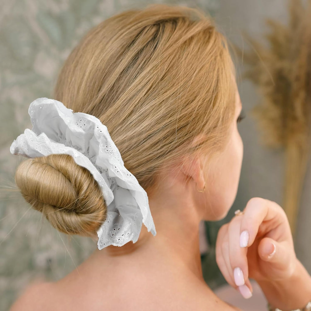 Dimeho White Scrunchies for Women Large Lace Scrunchies Elastic Hair Ties No Damage Double Layer Hair Bands (white)