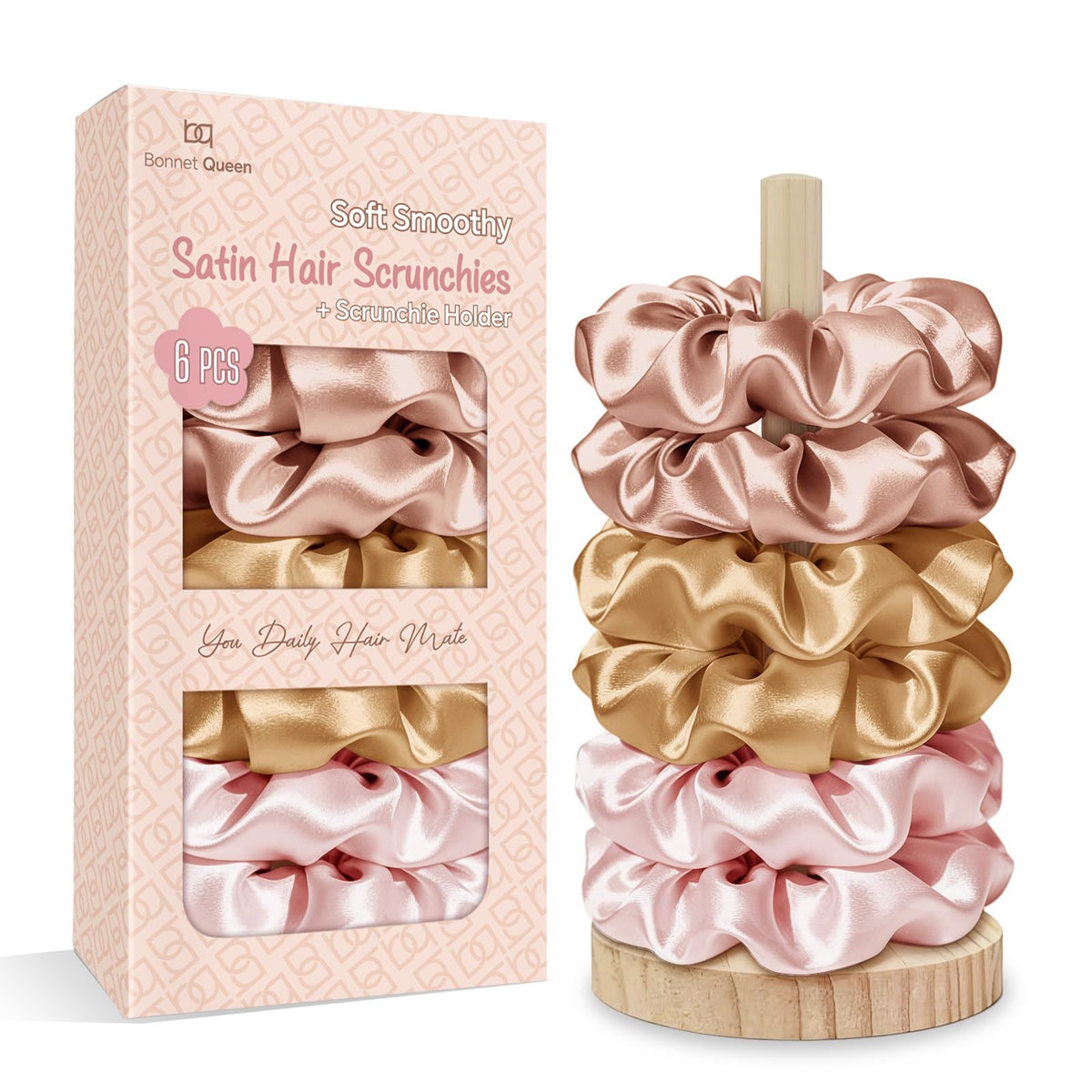 BONNET QUEEN Satin Scrunchies for Women, No Crease Silk Hair Ties & Holder, Soft Silk Hair Scrunchies for Sleeping & Everyday Use Ponytail Holders, Gentle Headwear Hair Accessories 6 Pack, Pink Tones