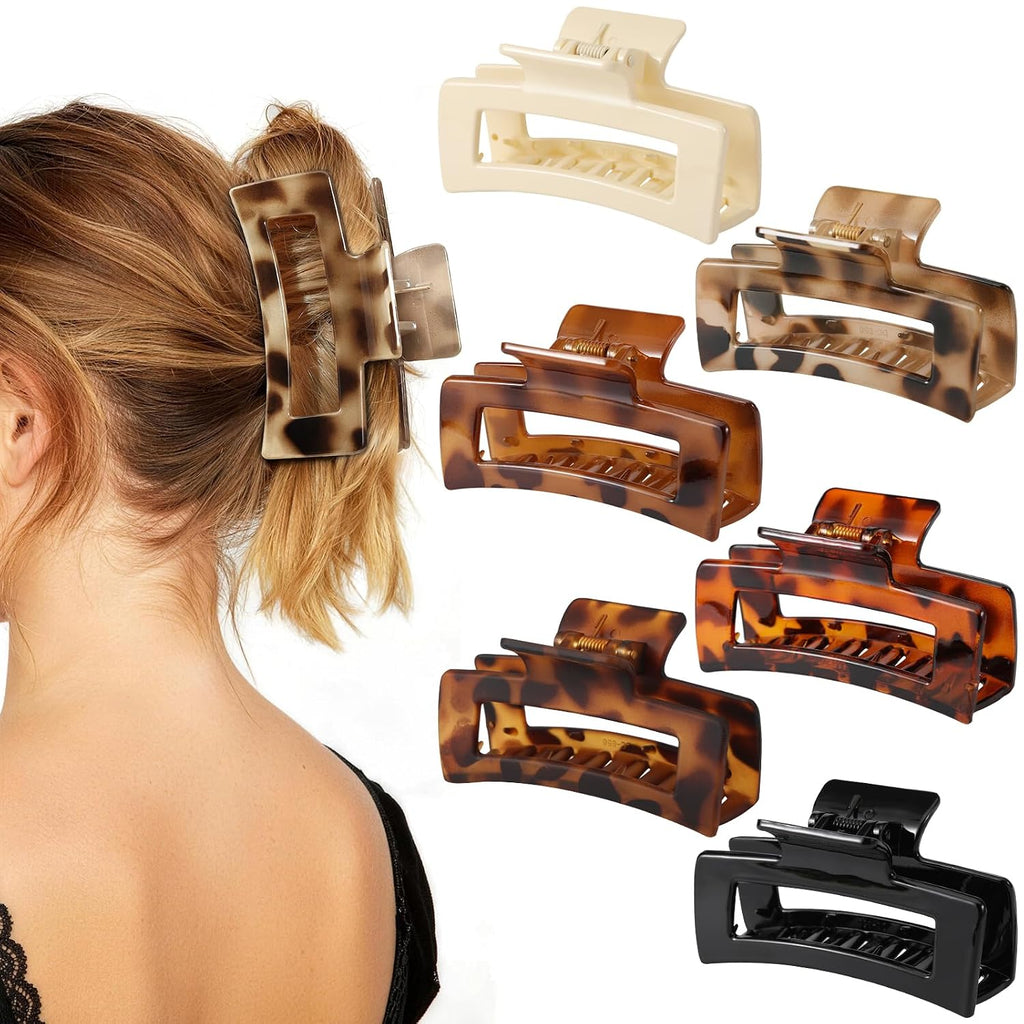 Auseibeely 6 Pack 4.1 Inch Large Claw Clips for Thick Hair, Big Tortoise Shell Claw Clip for women, Square Hair Clips for Thick/Long/Curly Hair, Strong Hold Non-slip Baseball Jaw Clip Accessories
