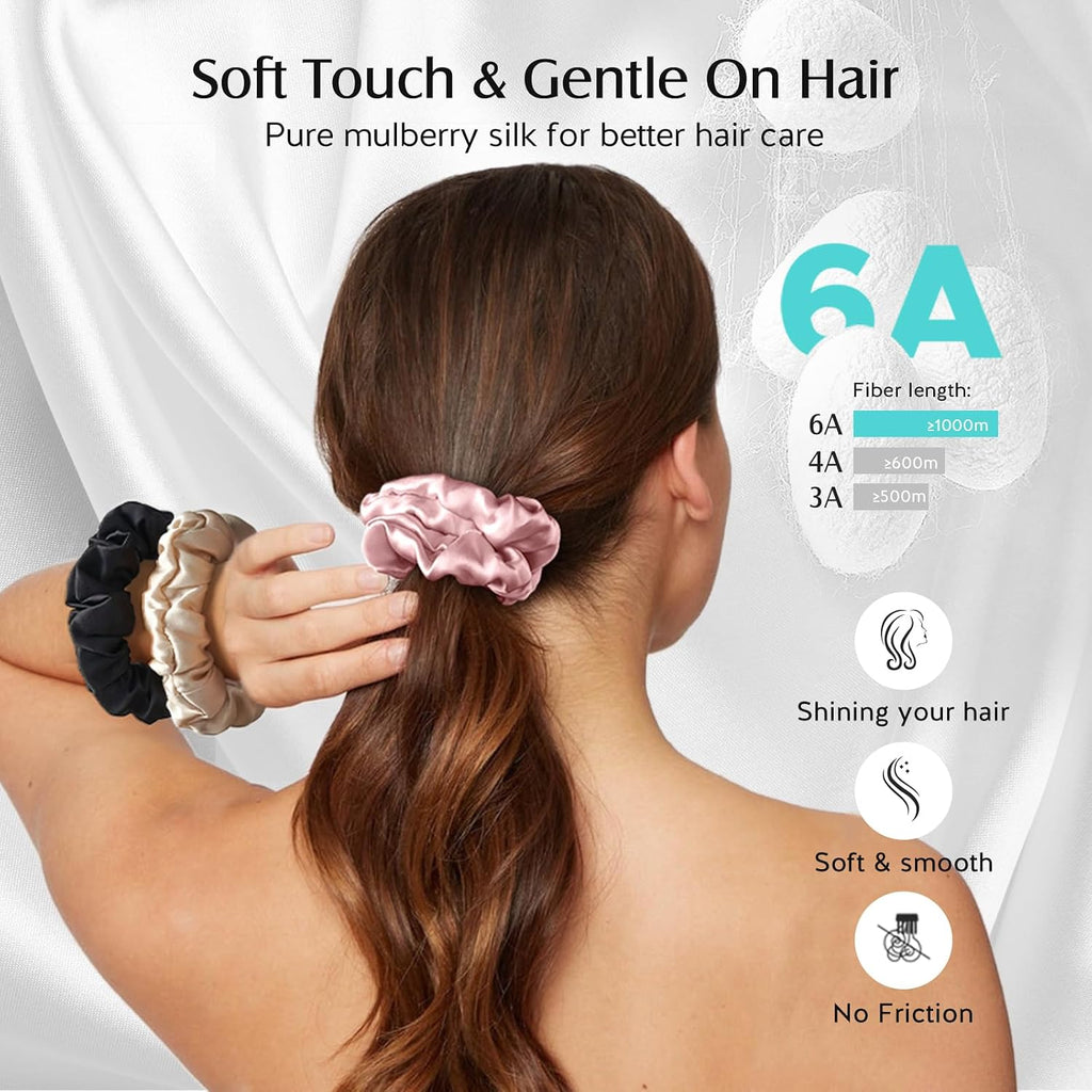 YFONG 3 PCS 100% Mulberry Silk Scrunchies for Women Girls, Soft No Damage