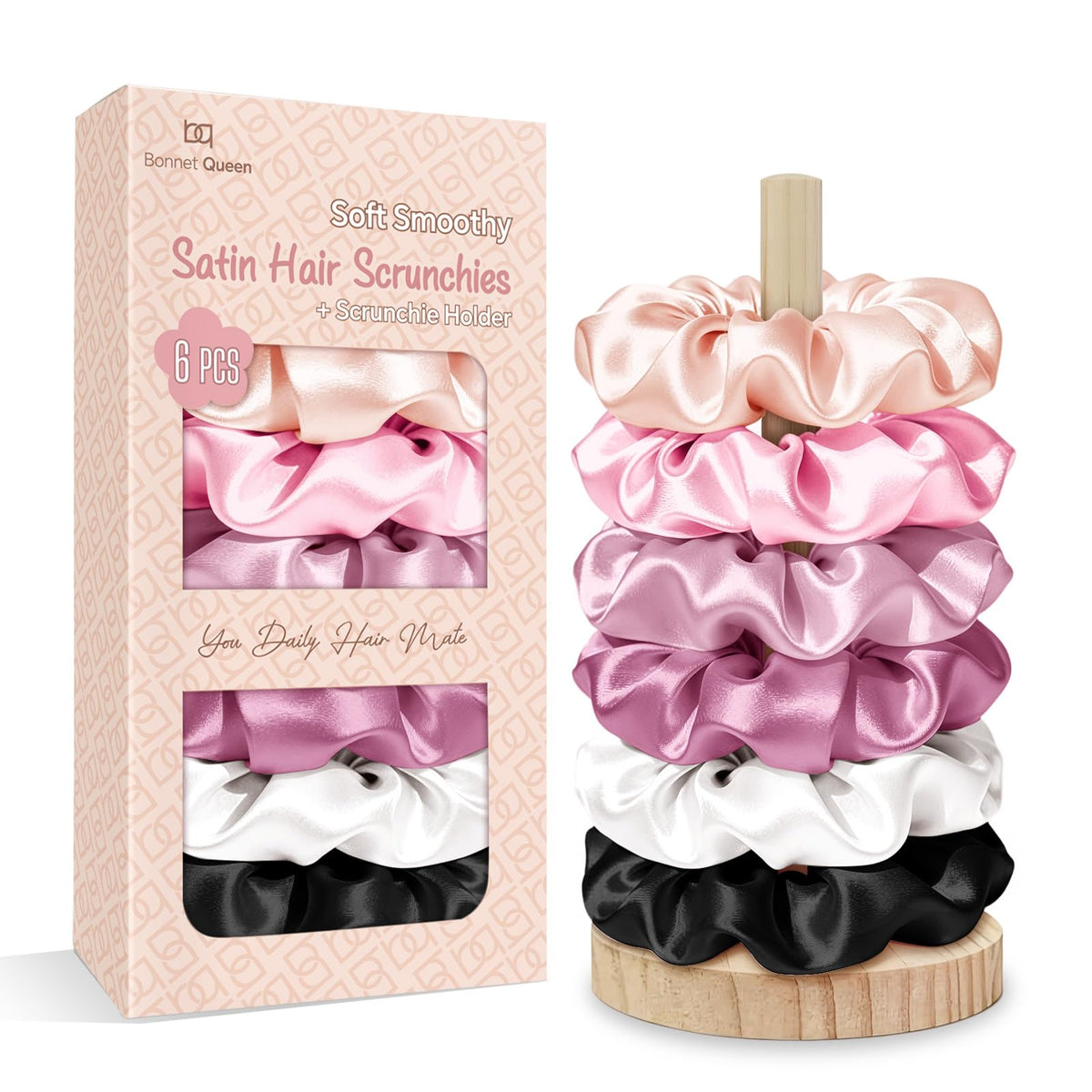 BONNET QUEEN Satin Scrunchies for Women, No Crease Silk Hair Ties & Holder, Soft Silk Hair Scrunchies for Sleeping & Everyday Use Ponytail Holders, Gentle Headwear Hair Accessories 6 Pack, Pink Tones
