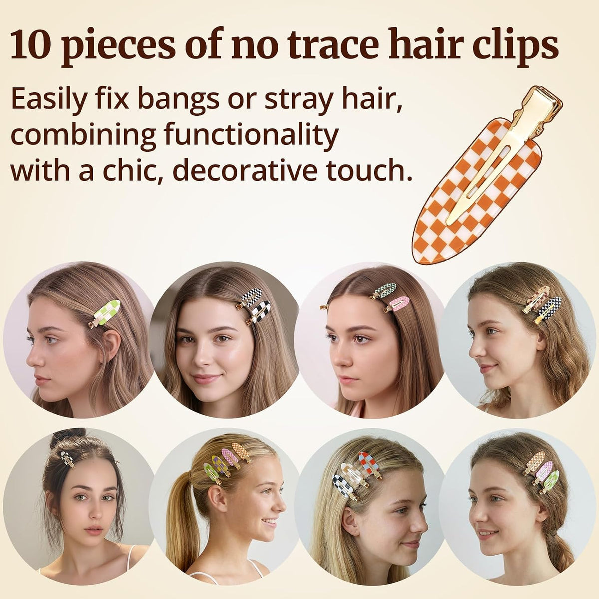 10 Pcs No Crease Hair Clips for Styling, Creaseless Alligator Clips for Women, Checkerboard Makeup Hair Clips, No Bend Bangs Clips