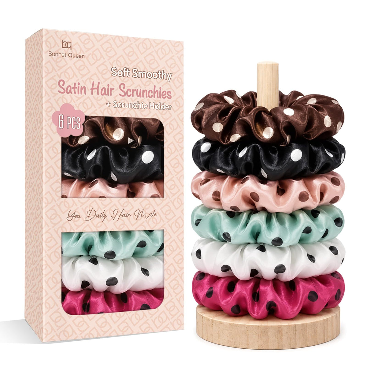 BONNET QUEEN Satin Scrunchies for Women, No Crease Silk Hair Ties & Holder, Soft Silk Hair Scrunchies for Sleeping & Everyday Use Ponytail Holders, Gentle Headwear Hair Accessories 6 Pack, Pink Tones