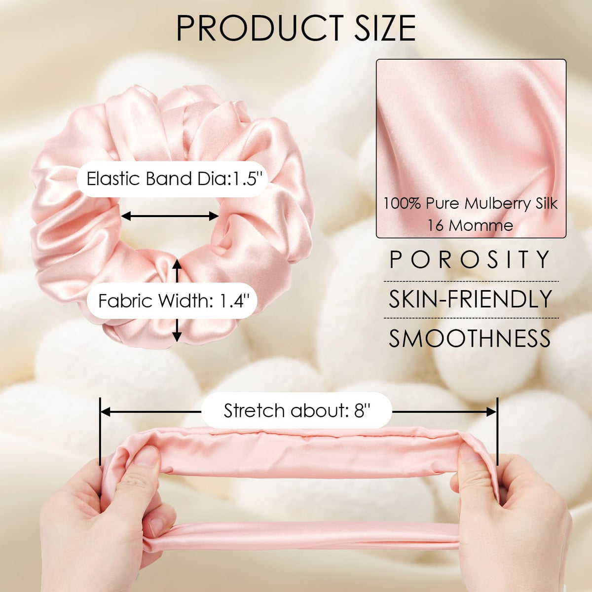 Michooyel 100% Mulberry Silk Scrunchies Hair Ties Elastic Band Scrunchy For Women Girls Curly Hair, No Damage, Ponytail Holder, 3 Pack, 4 cm