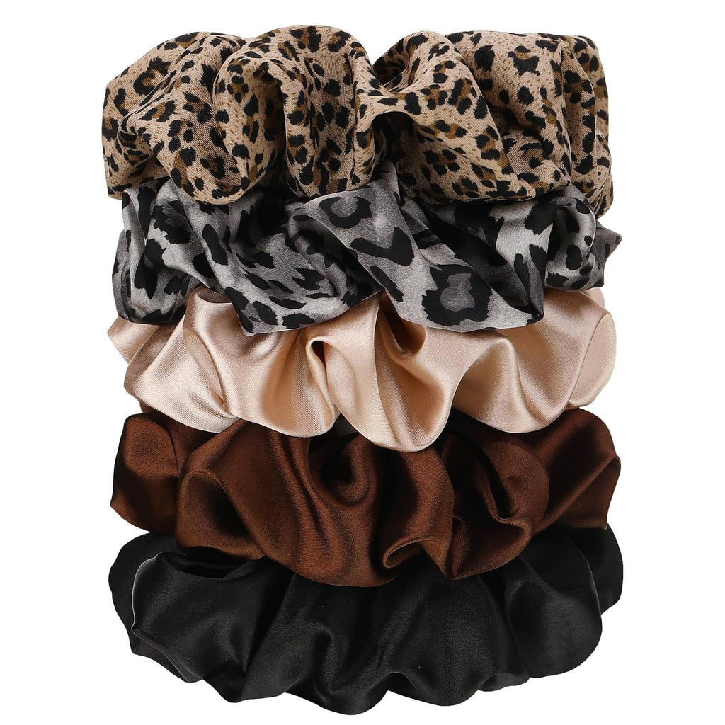 auroray 5 Pieces Jumbo Satin Silk Scrunchies for Women, Large Oversize Leopard Scrunchies For Thick Hair