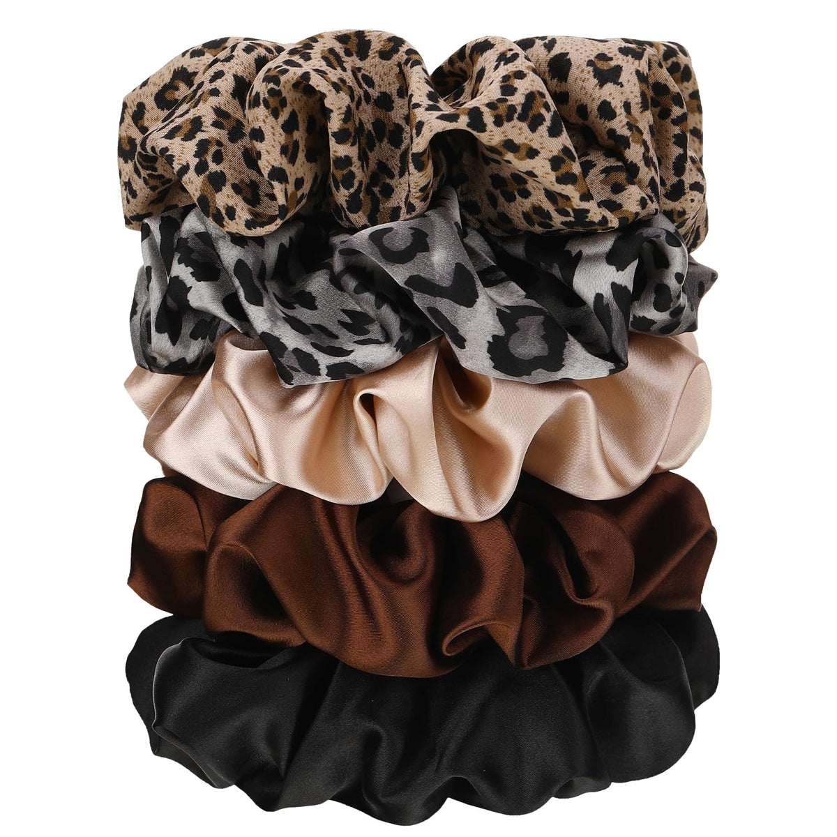 auroray 5 Pieces Jumbo Satin Silk Scrunchies for Women, Large Oversize Leopard Scrunchies For Thick Hair