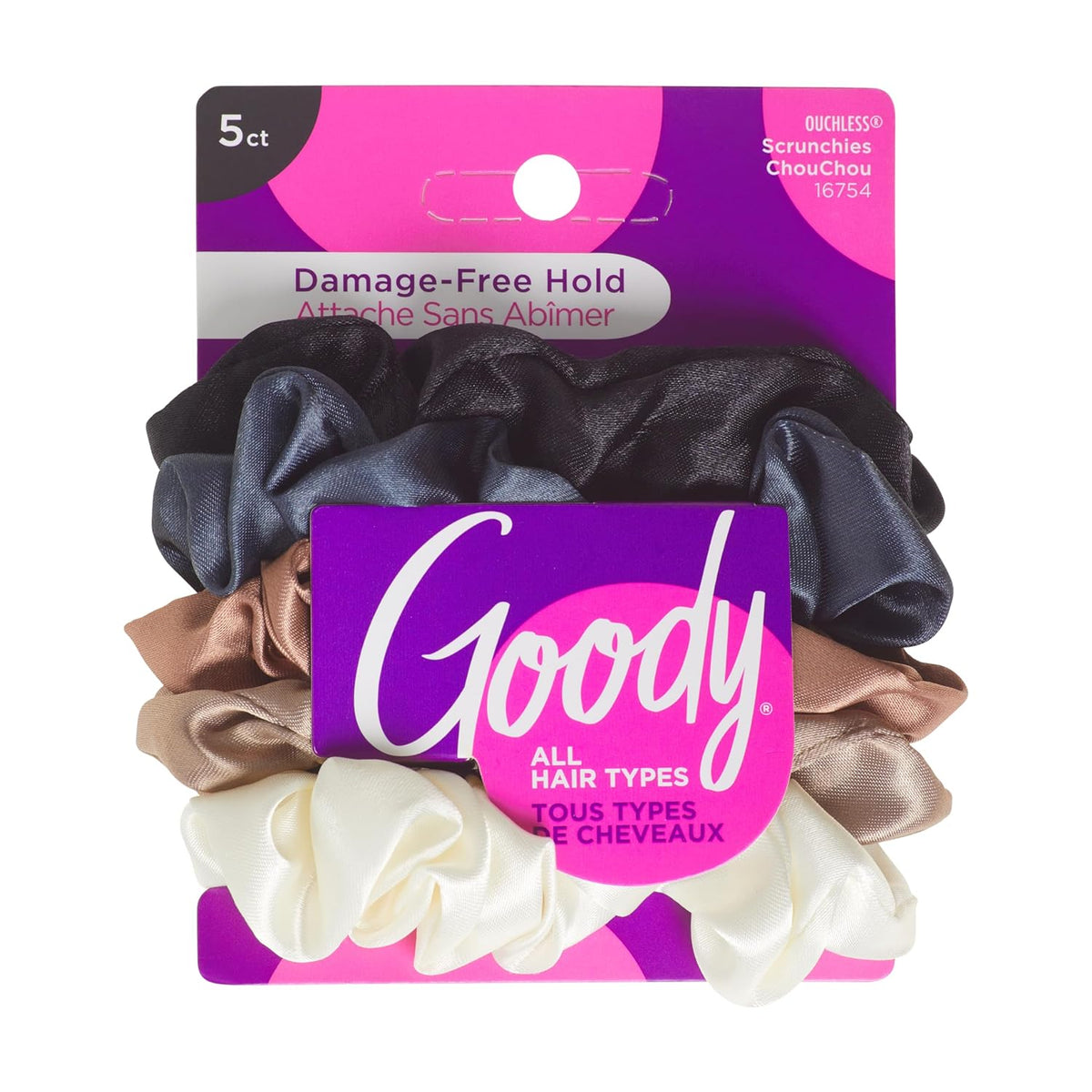 Goody Ouchless Satin Scrunchies - 5 Ct, Neutral Tones, Damage-Free Hold, Soft Overnight Hair Scrunchies to Sleep In, Gentle Hair Accessories for Women & Men, All Day Comfort, All Hair Types