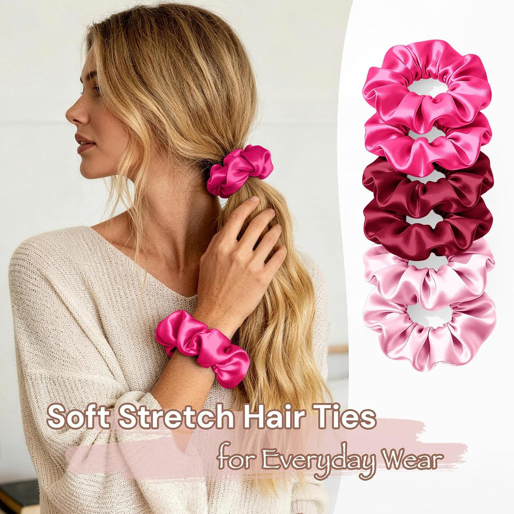 BONNET QUEEN Satin Scrunchies for Women, No Crease Silk Hair Ties & Holder, Soft Silk Hair Scrunchies for Sleeping & Everyday Use Ponytail Holders, Gentle Headwear Hair Accessories 6 Pack, Pink Tones