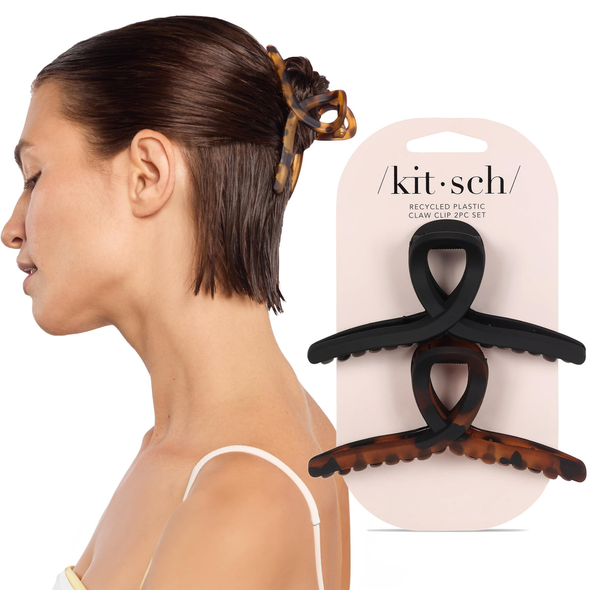 Kitsch Medium Puffy Claw Clips for Women - Black & Tort, 2pcs