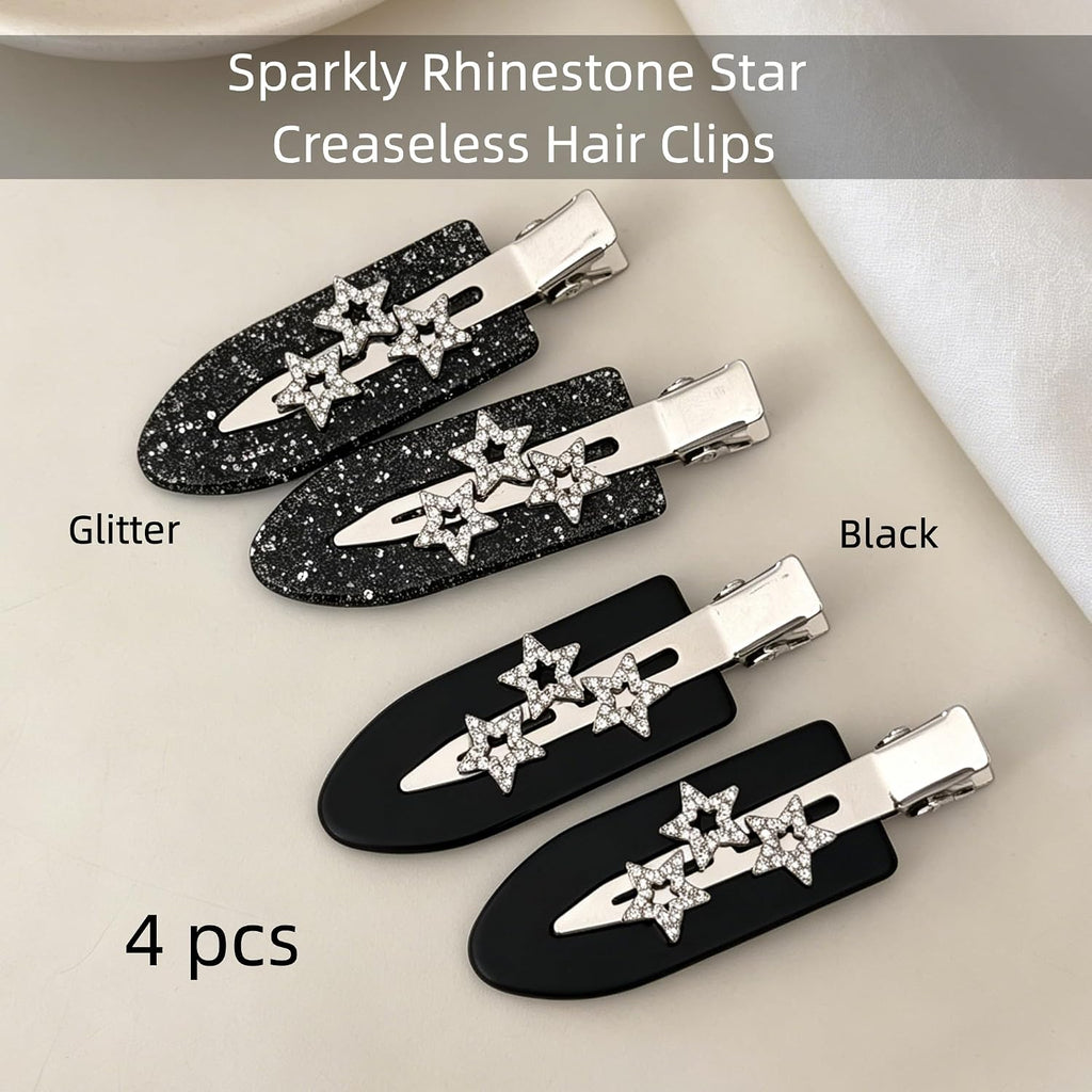 4Pcs Black Sparkly Rhinestone Star Creaseless Hair Clips, No Bend Black Glitter Barrettes, Sparkly No Crease Makeup Clips for Women Styling & Daily Wear