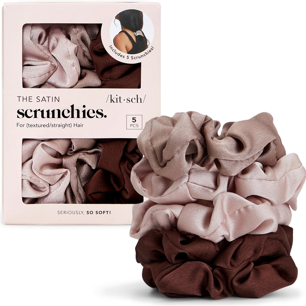 Kitsch Recycled Satin Oversized Scrunchies - Black & Chocolate, 2pcs