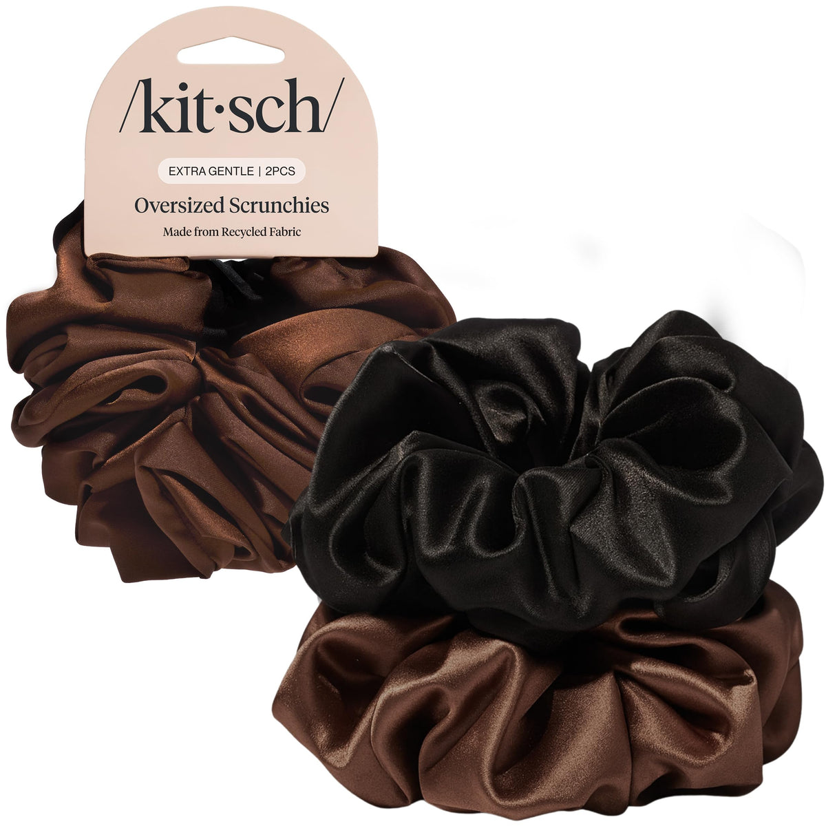Kitsch Recycled Satin Oversized Scrunchies - Black & Chocolate, 2pcs