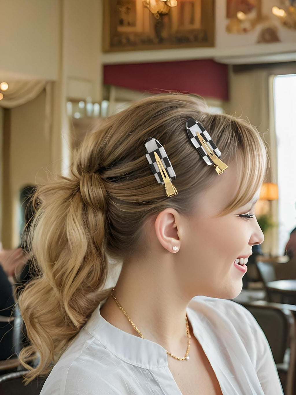 No Crease Hair Clips Set - Checkered Curl Clips for Bang, Acrylic Flat No Bend Checkerboard Side Clips for Women and Girls' Hairstyling Makeup Applications - Black and White 4PCS