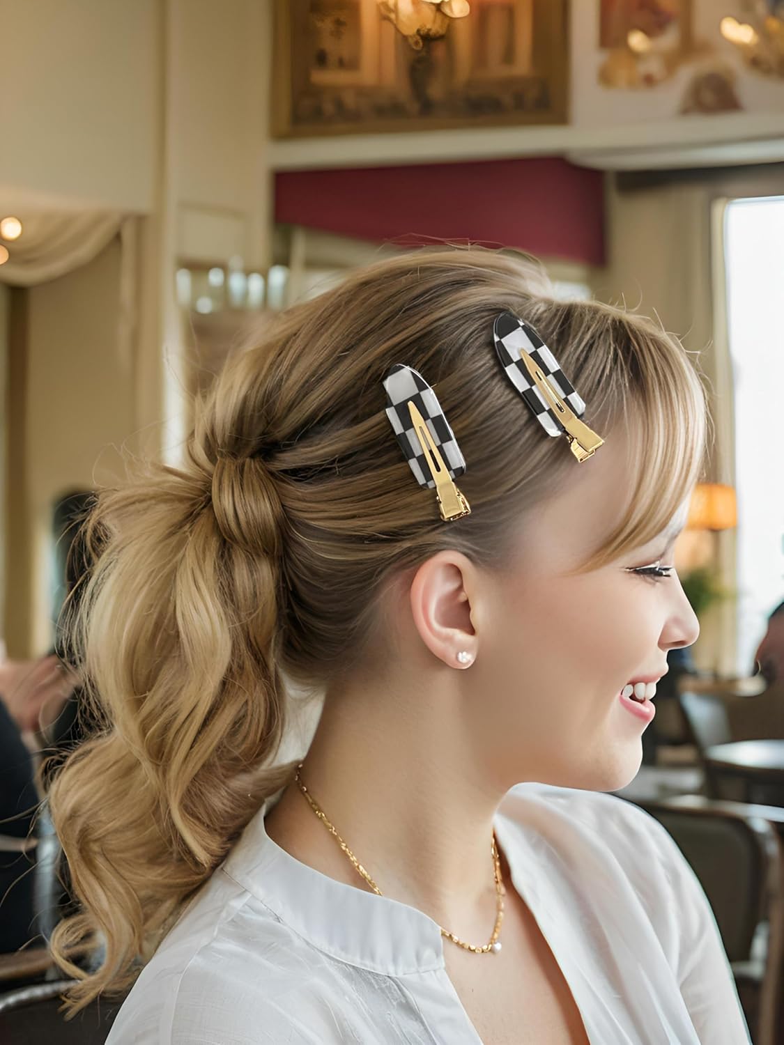 No Crease Hair Clips Set - Checkered Curl Clips for Bang, Acrylic Flat No Bend Checkerboard Side Clips for Women and Girls' Hairstyling Makeup Applications - Black and White 4PCS