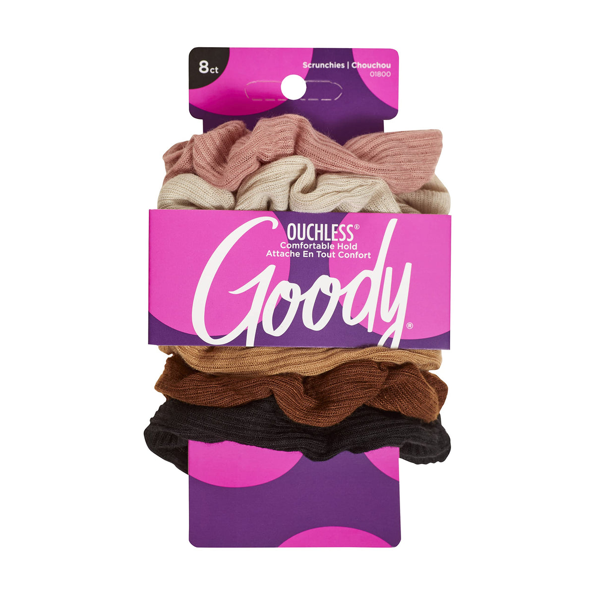 Goody Ouchless Jersey Scrunchies, 8 Ct, Black, Damage-Free, Dentless & Secure Hold Ties, Gentle Hair Accessories for Women & Men, All Day Comfort, All Hair Types