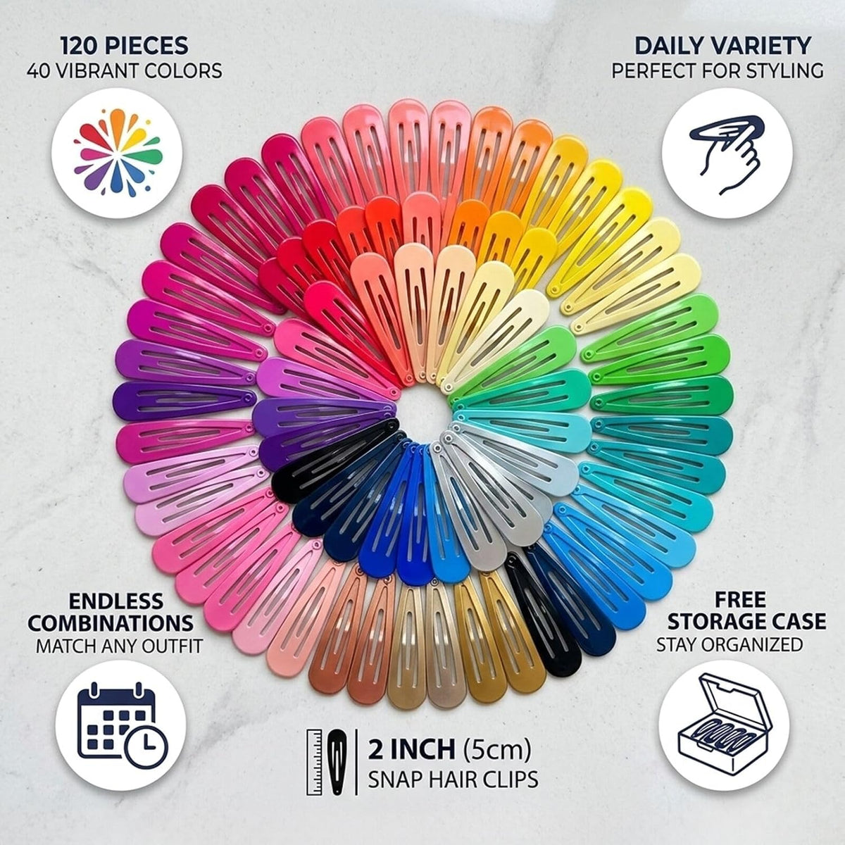120 Pack Colorful Metal Snap Hair Clips, 2 Inch Hair Barrettes for Styling
