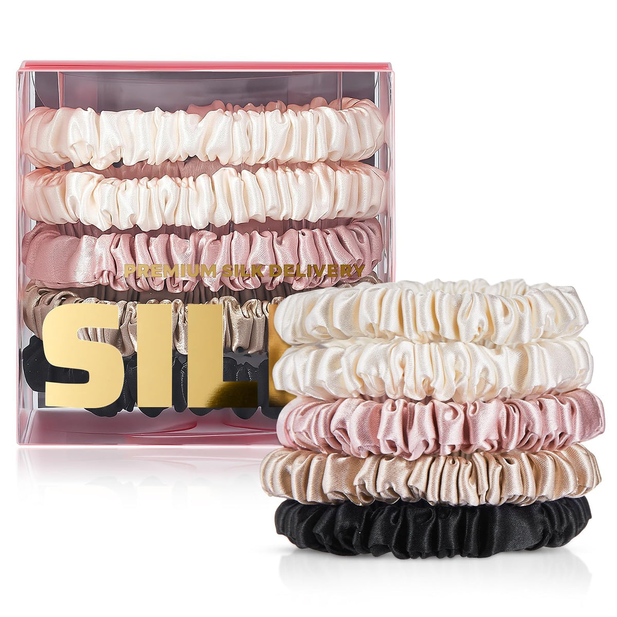 PILAVA Large Mulberry Silk Scrunchies, 3 Pack White Pink Gold | Gift Set