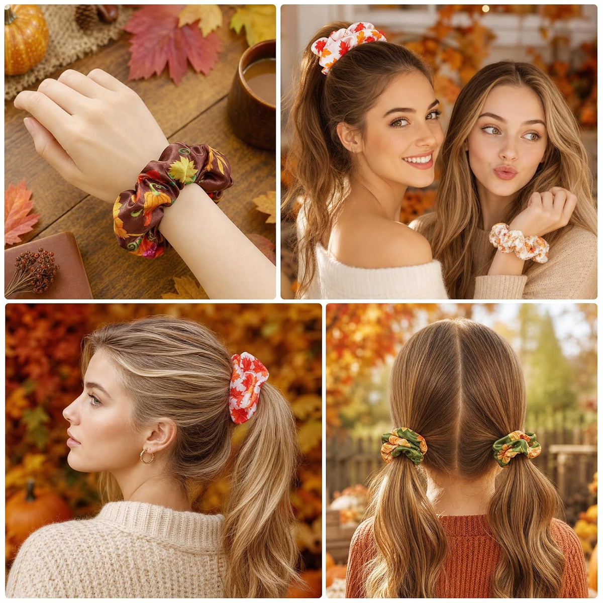 Konsait 12 PCS Fall Hair Scrunchies for Women Girls Autumn Hair Accessories Maple Leaf Pumpkin Elastic Scrunchies Fall Thanksgiving Party Favors Supplies