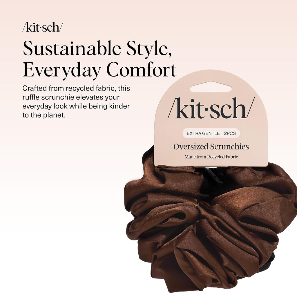 Kitsch Recycled Satin Oversized Scrunchies - Black & Chocolate, 2pcs
