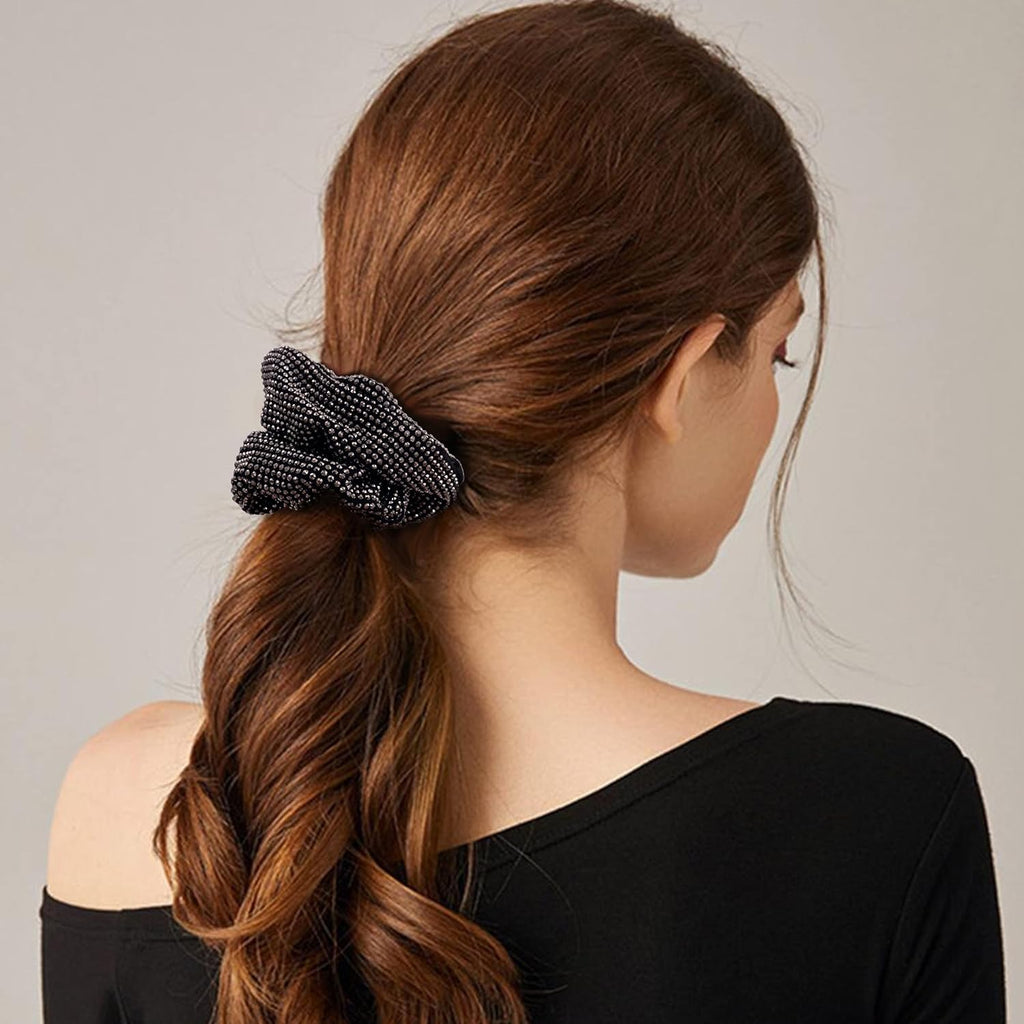 Embellished Sparkly Black Crystal Scrunchie Hair Tie Ponytail Holder Accessory for Women
