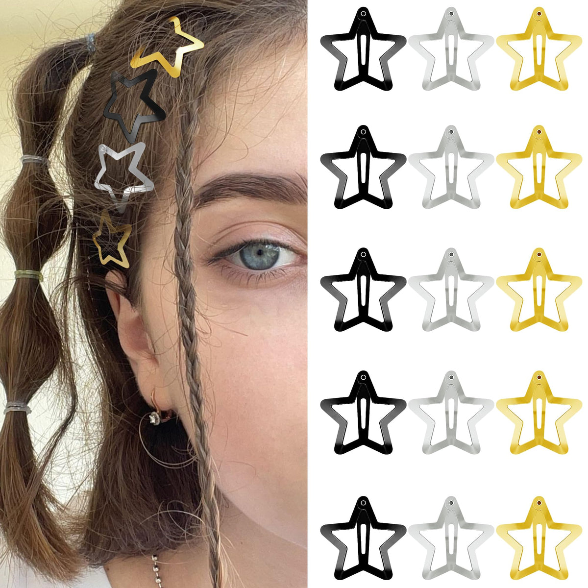 SAOROPEB Star Hair Clips 2000s Y2K Hair Accessories-15 PCS 1.57"-Gold