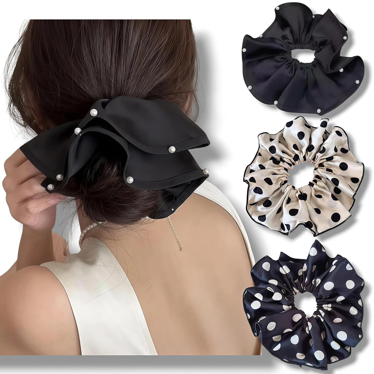 3 PCS 7.9 Inches Oversized Satin Scrunchies with Pearl and Polka Dot, Jumbo Large Hair Ties & Ponytail Holders for Women and Girls, Vintage Chic Extra Large Hair Accessories