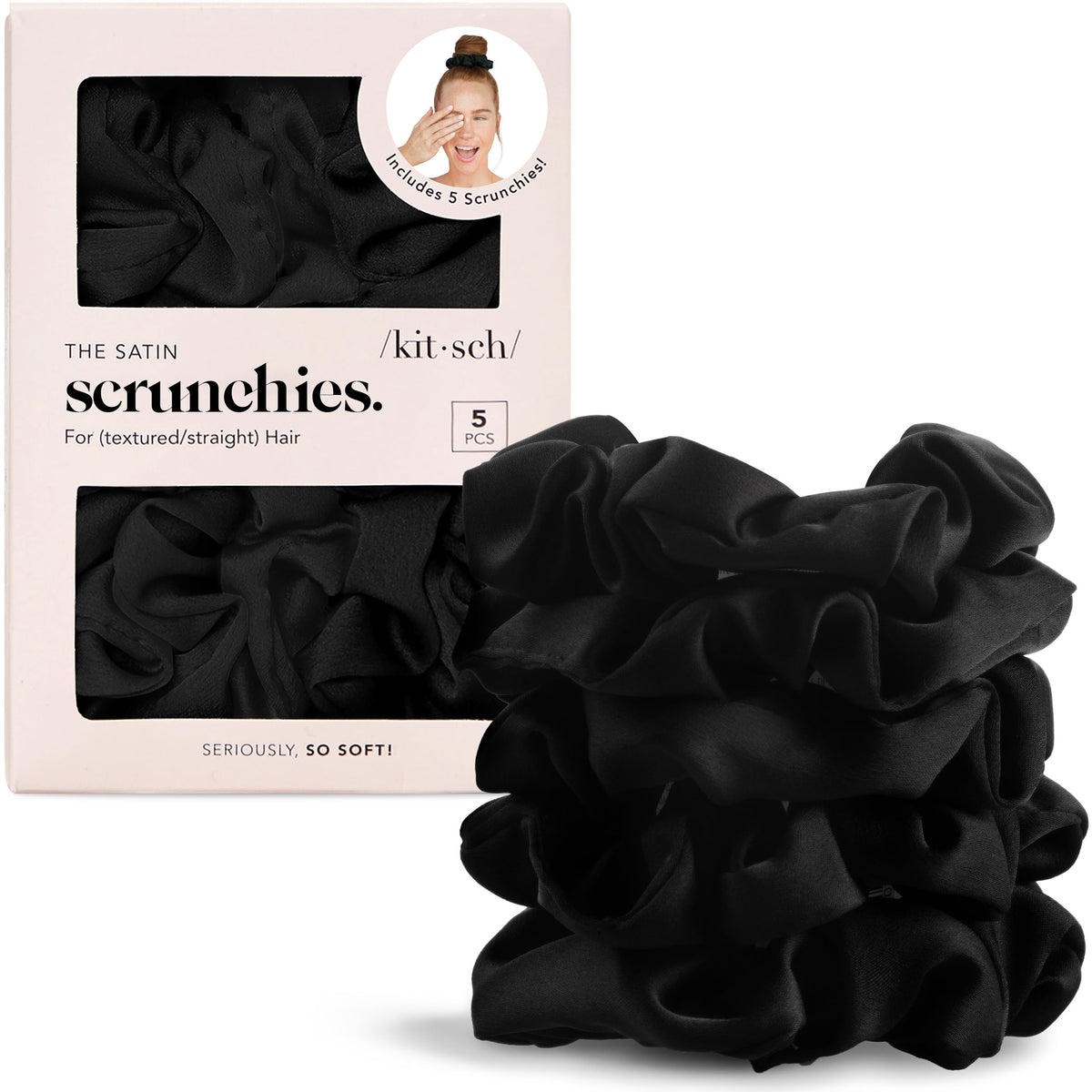 Kitsch Pillow Satin Scrunchies for Women -Blush/Charcoal, 2pcs