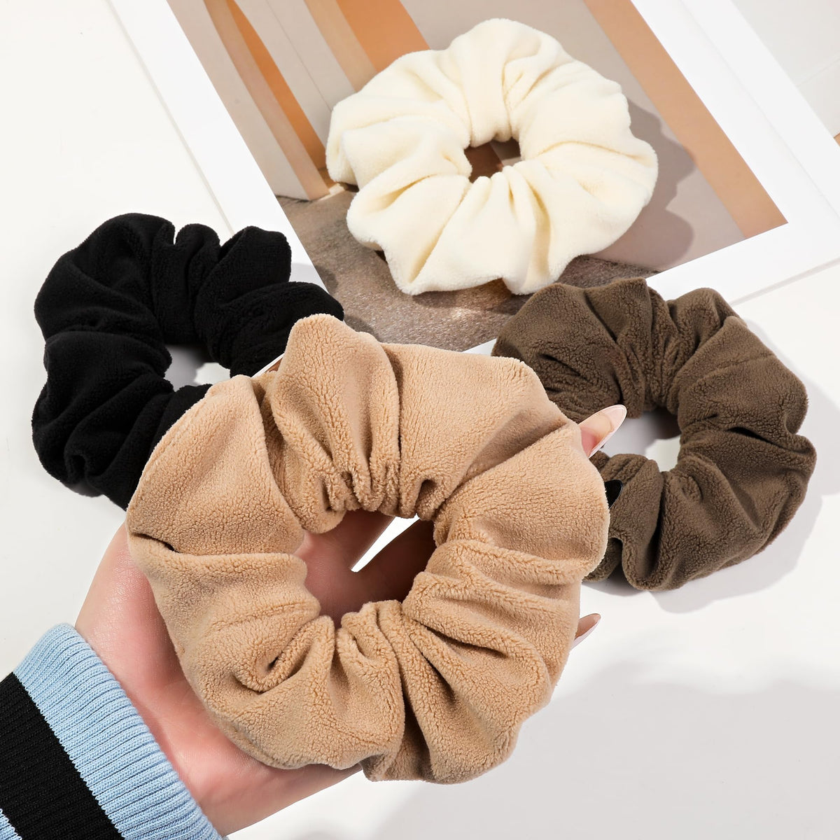 Ivyu Scrunchies Hair Ties, Big Large Scrunchie for Girls Women, Cute Hairties Jumbo Scrunchy For Thick Curl Hair No Crease Hair Accessories Soft Ropes Ponytail Holder, 4 Count, Black, Brown, Beige