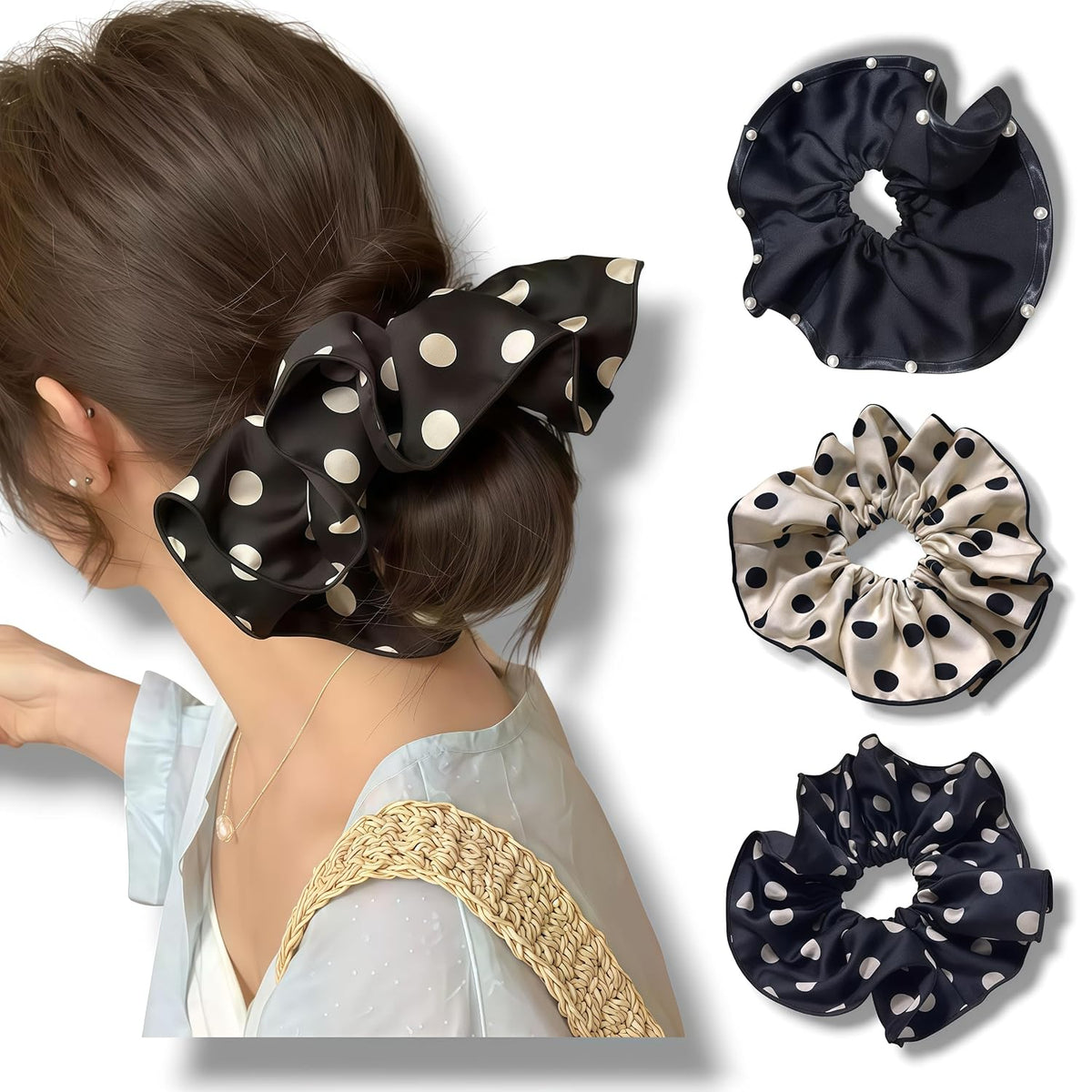 3 PCS 7.9 Inches Oversized Satin Scrunchies with Pearl and Polka Dot, Jumbo Large Hair Ties & Ponytail Holders for Women and Girls, Vintage Chic Extra Large Hair Accessories