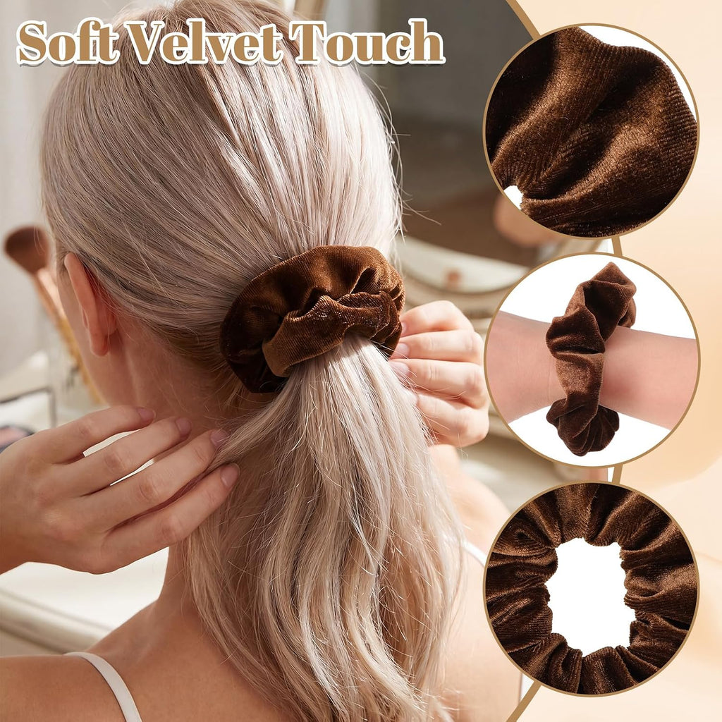 Brown Velvet Scrunchie for Thick Curly Hair, Soft Stretch Elastic