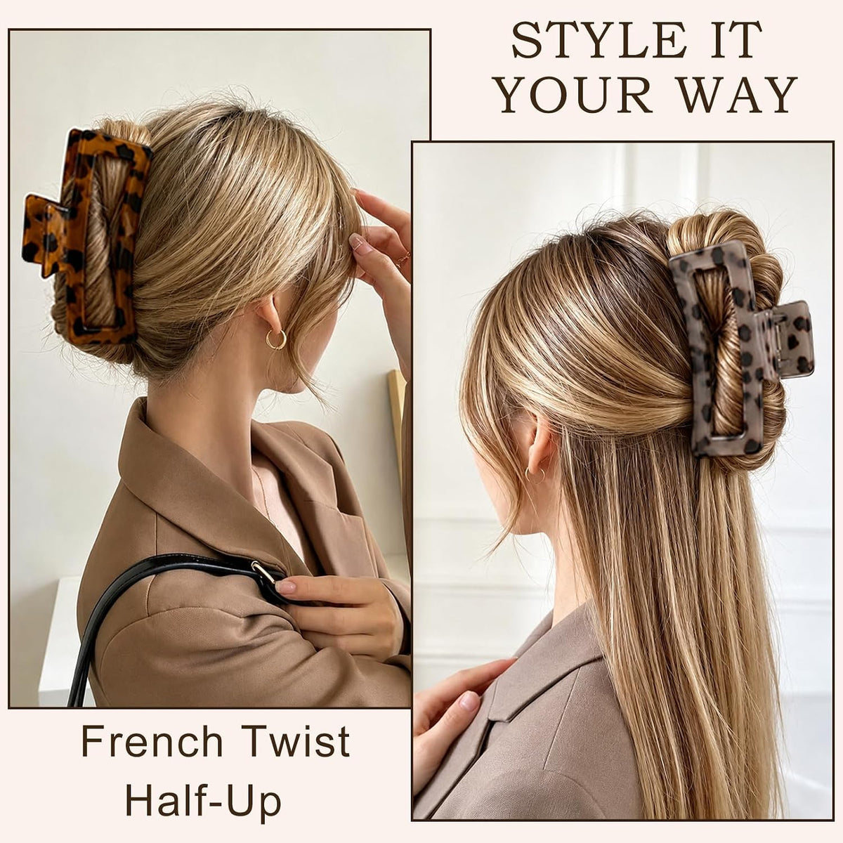 5 Inch XL Jumbo Large Claw Clips, 4-Pack Oversized Rectangle Big Hair Clips for Women, Non-Slip Dark & Light Leopard