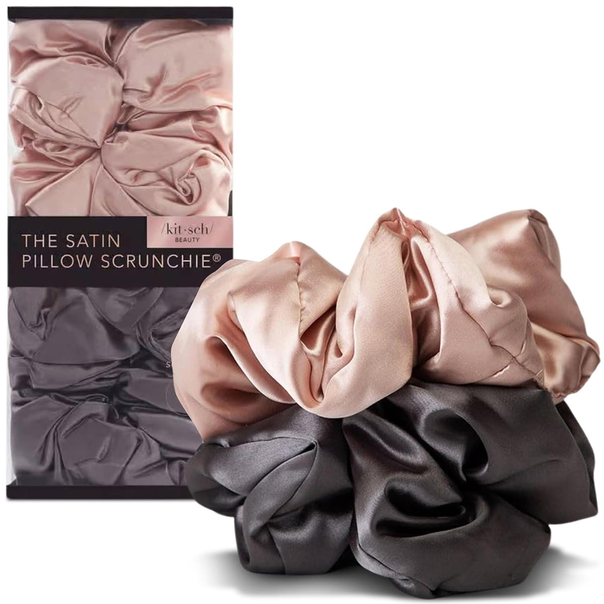 Kitsch Pillow Satin Scrunchies for Women -Blush/Charcoal, 2pcs