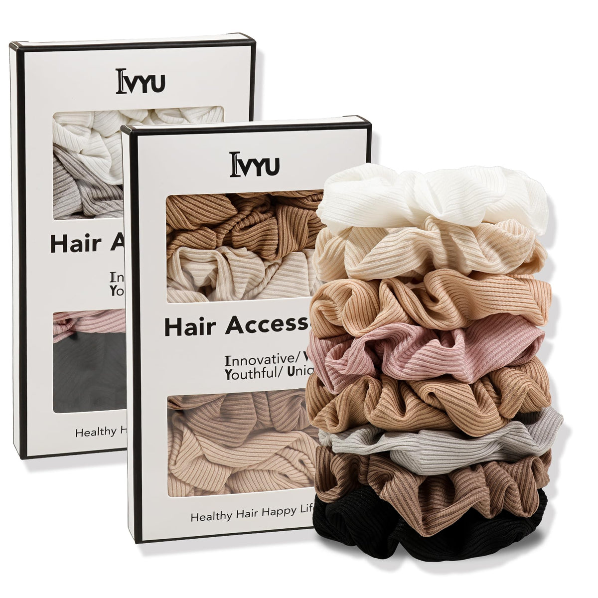Ivyu Scrunchie, Big Cotton Scrunchies for Women's and Girls, Brown Service, 4 Count, for All Hair Types, No Crease or Damage