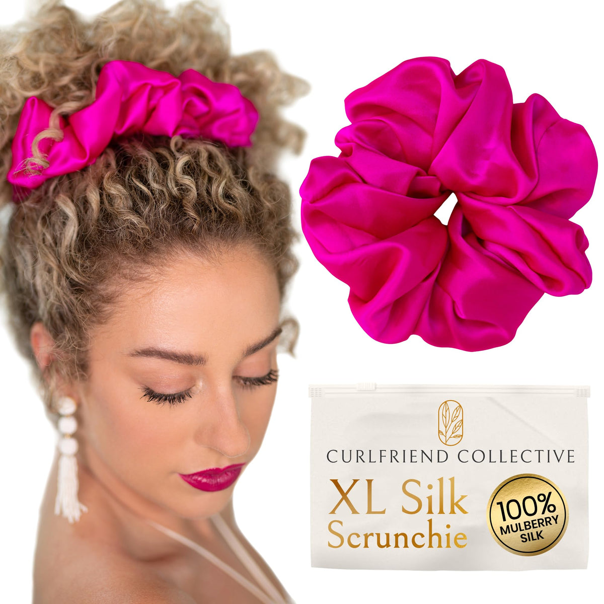 Curlfriend Oversized Mulberry Silk Scrunchies for Women, XL, Hot Pink Peony