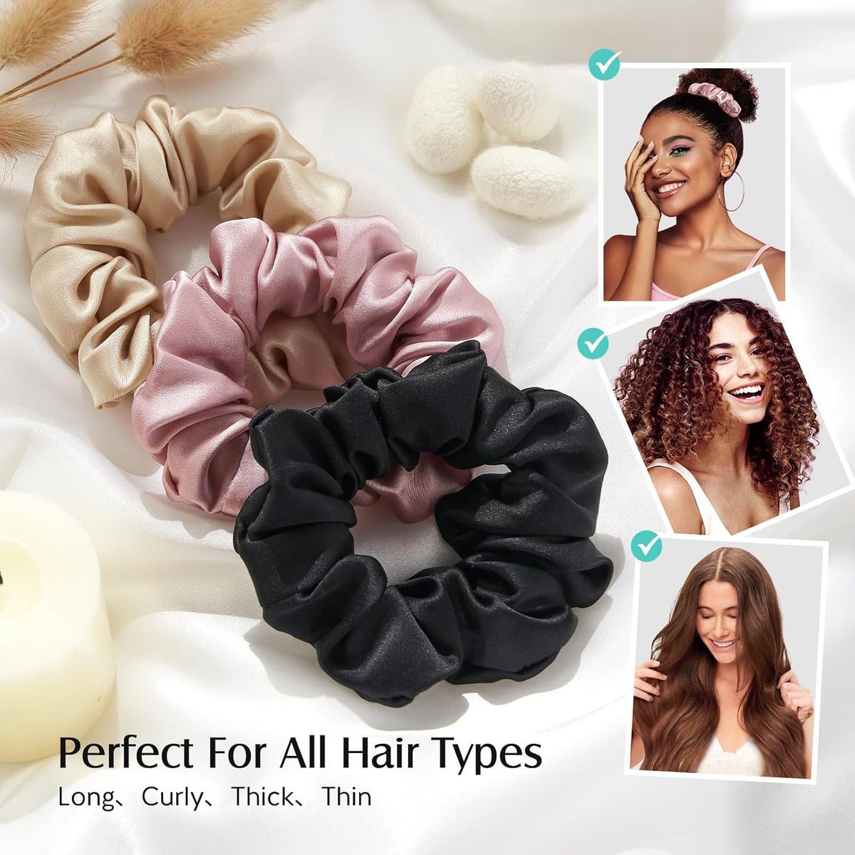YFONG 3 PCS 100% Mulberry Silk Scrunchies for Women Girls, Soft No Damage