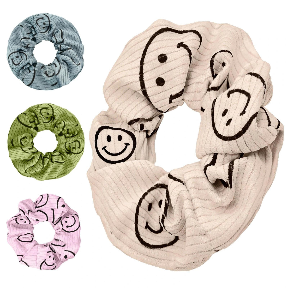 Happy Face Scrunchies, Cute Corduroy Hair Scrunchies for Women and Girls