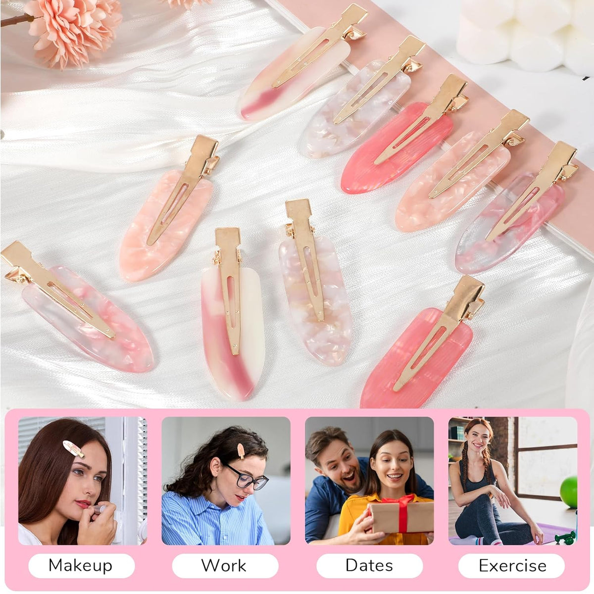 10 Pcs No Crease Hair Clips, No Bend Hair Clips Glitter Pink Bangs Clip Bridesmaid Barrettes for Makeup Creaseless Barrettes Bridesmaid Gifts HairSetting Clip