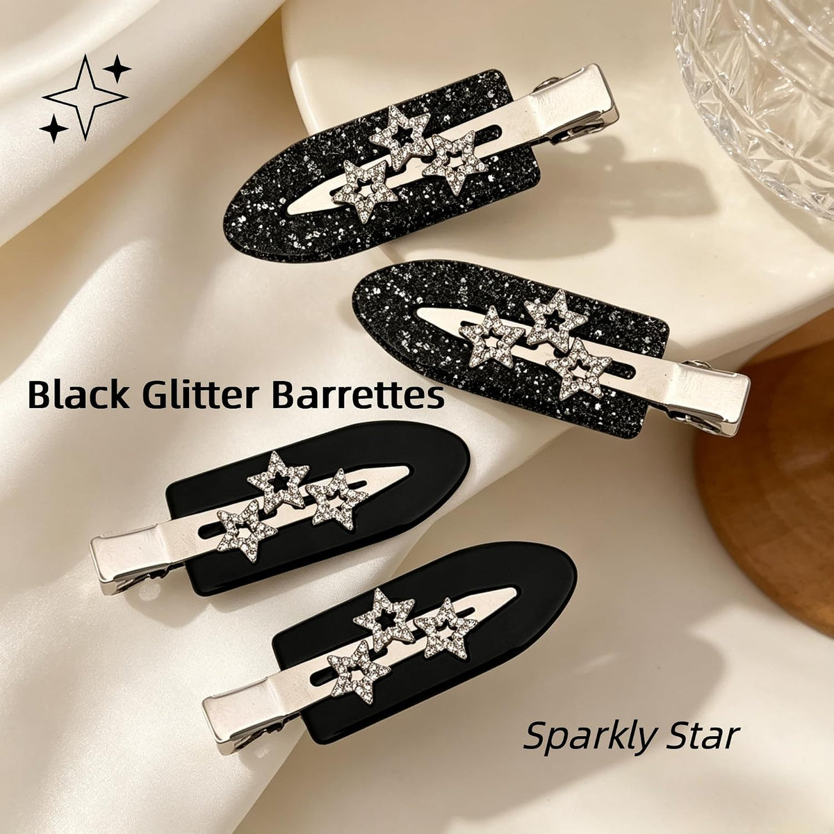 4Pcs Black Sparkly Rhinestone Star Creaseless Hair Clips, No Bend Black Glitter Barrettes, Sparkly No Crease Makeup Clips for Women Styling & Daily Wear
