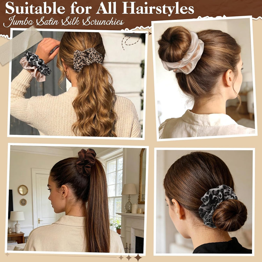 auroray 5 Pieces Jumbo Satin Silk Scrunchies for Women, Large Oversize Leopard Scrunchies For Thick Hair