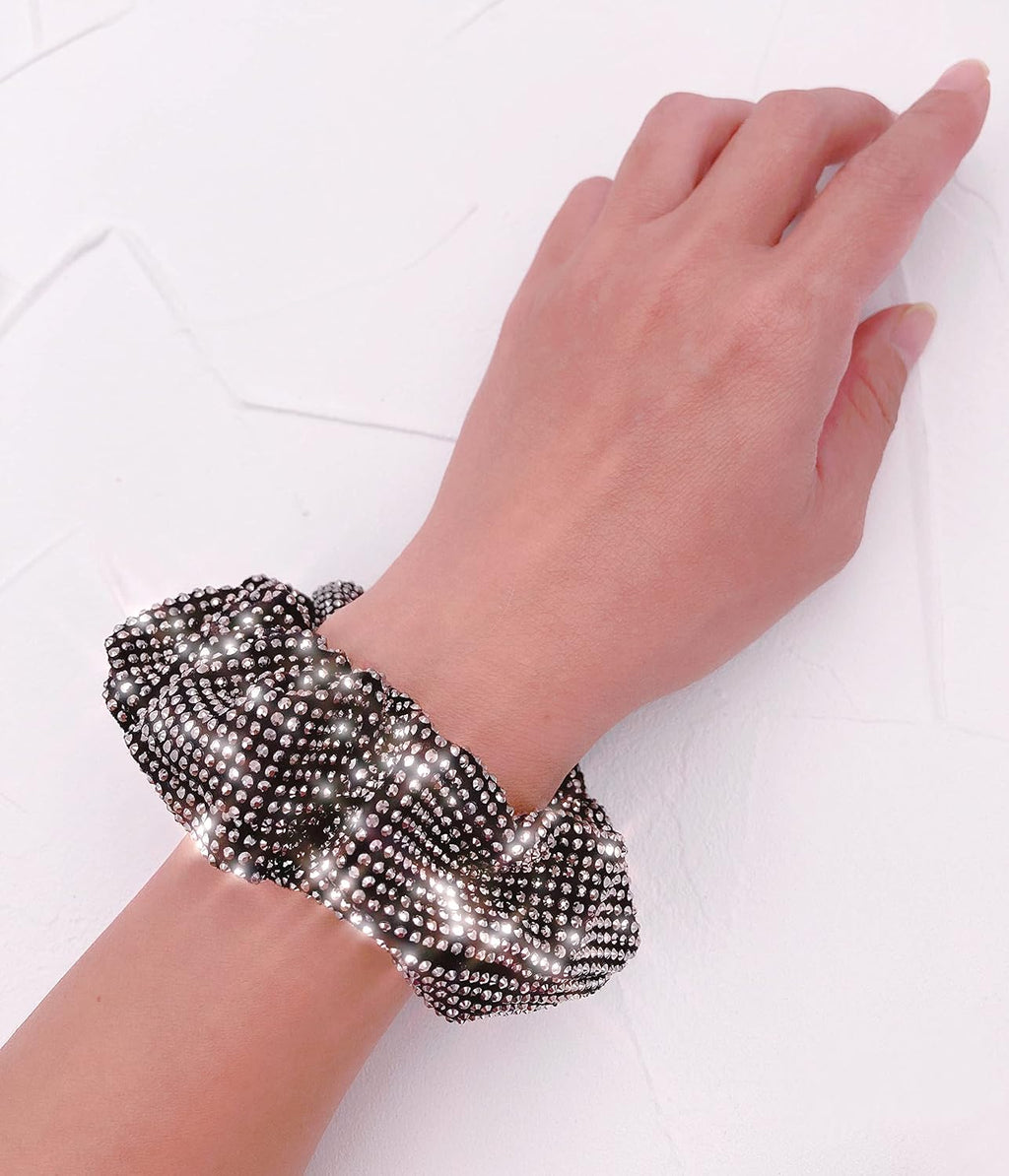 Embellished Sparkly Black Crystal Scrunchie Hair Tie Ponytail Holder Accessory for Women