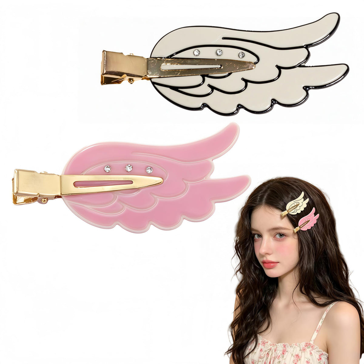 2 Piece Angel Wing Hair Clips with Rhinestones Pink Creaseless Hair Clips for Women Cute Wing Hairpins Kawaii Cartoon Barrettes Cute Y2K Makeup Accessories
