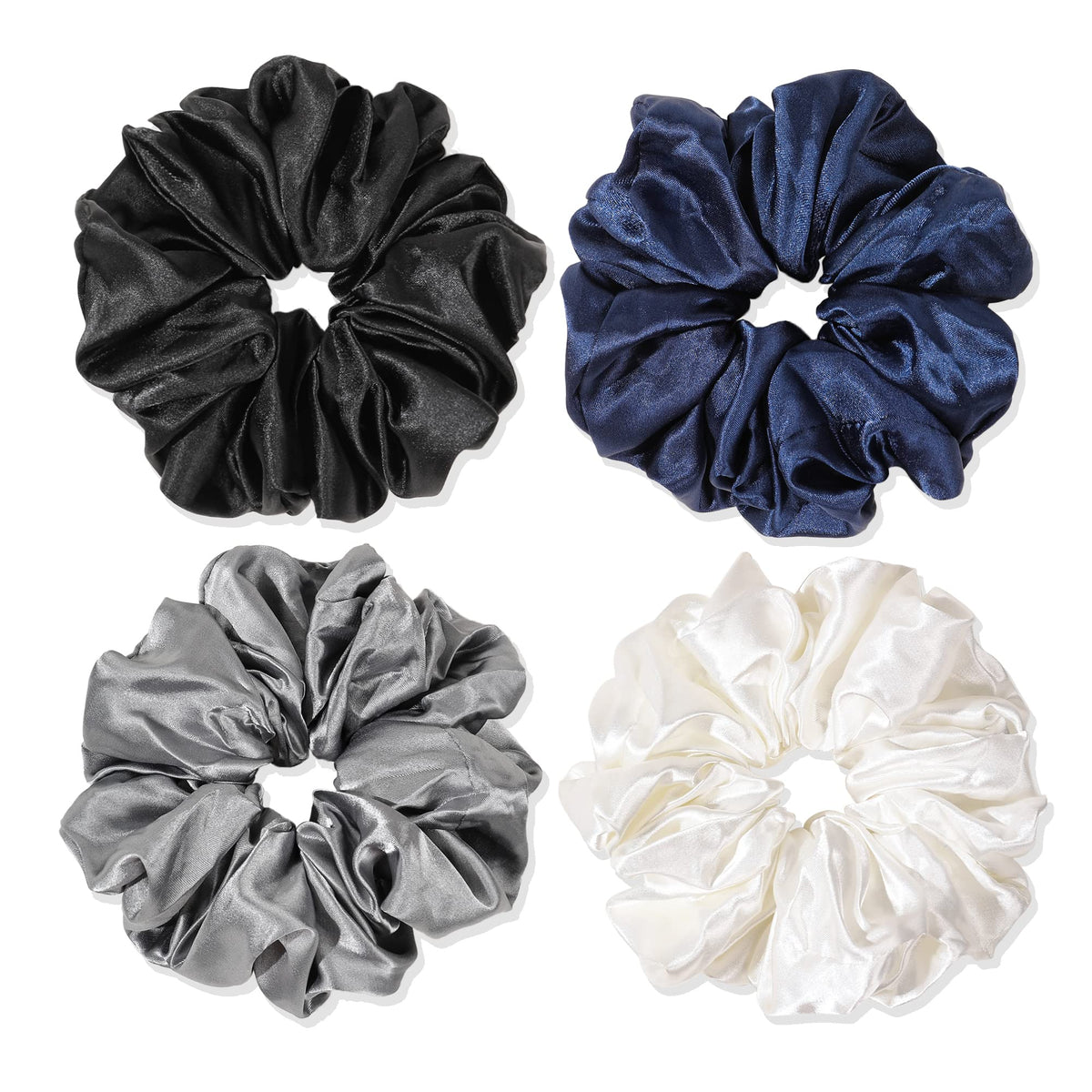 Ivyu Scrunchies Hair Ties, Big Large Scrunchie for Girls Women, Cute Hairties Jumbo Scrunchy For Thick Curl Hair No Crease Hair Accessories Soft Ropes Ponytail Holder, 4 Count, Black, Brown, Beige