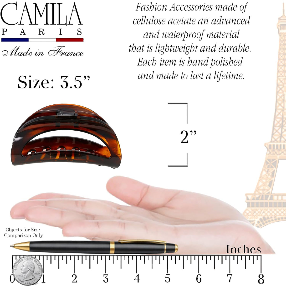 Camila Paris CP1561 French Hair Clip for Women Thick Hair for Long Curly Wavy Hair, Girls Hair Claw Clips Jaw, Durable Styling Big Claw Clip for Thick Hair, Strong Hold No Slip Grip, Made in France