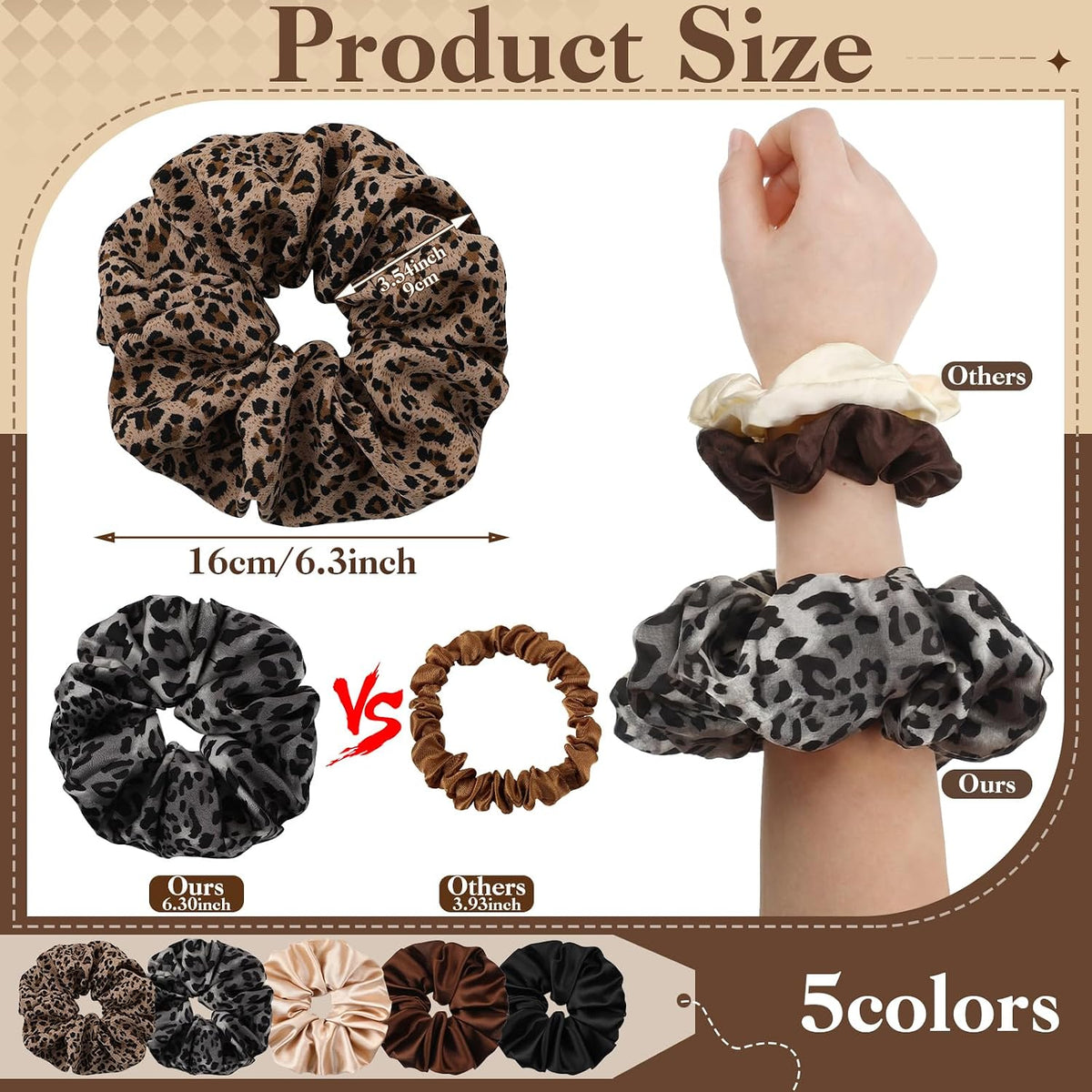 auroray 5 Pieces Jumbo Satin Silk Scrunchies for Women, Large Oversize Leopard Scrunchies For Thick Hair