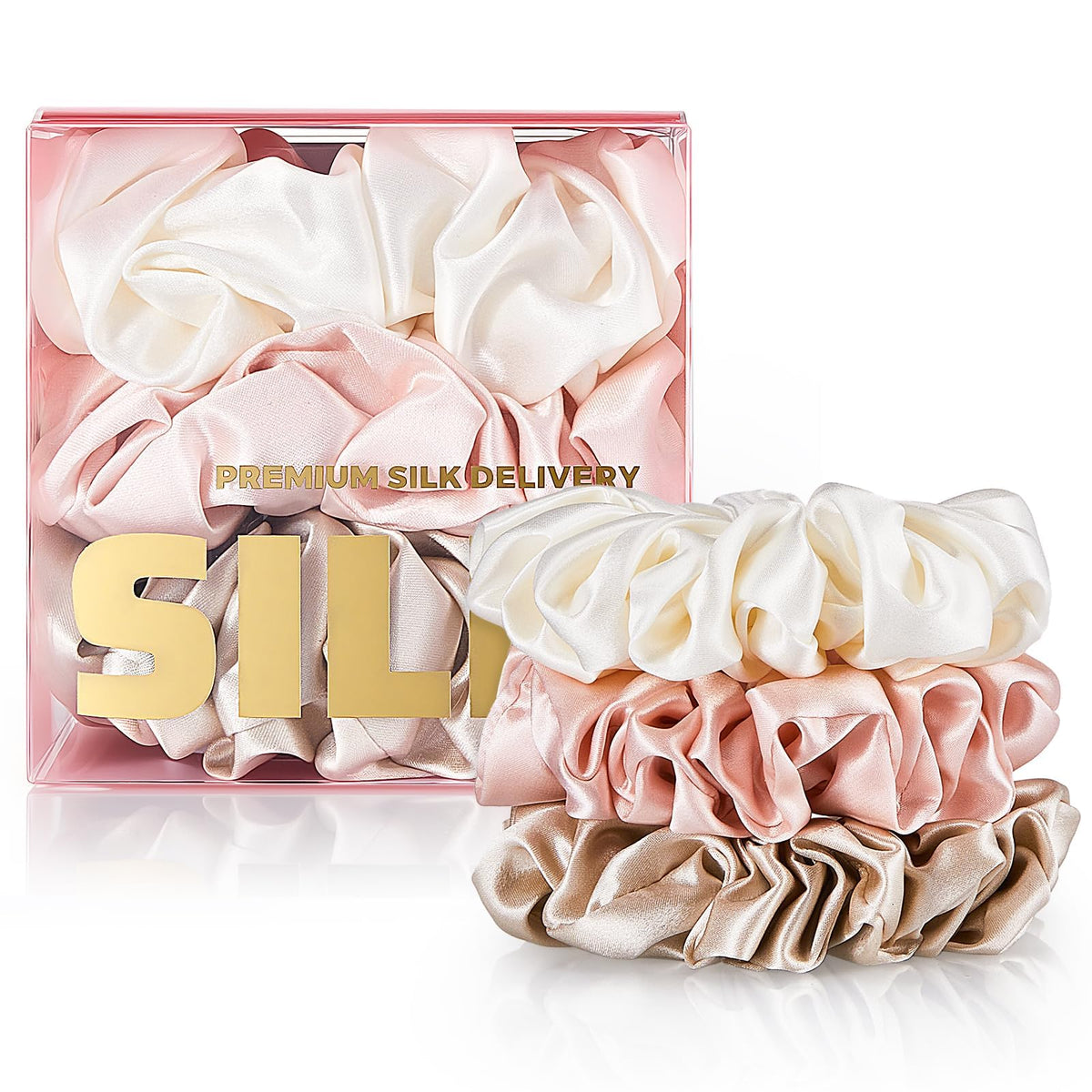 PILAVA Large Mulberry Silk Scrunchies, 3 Pack White Pink Gold | Gift Set