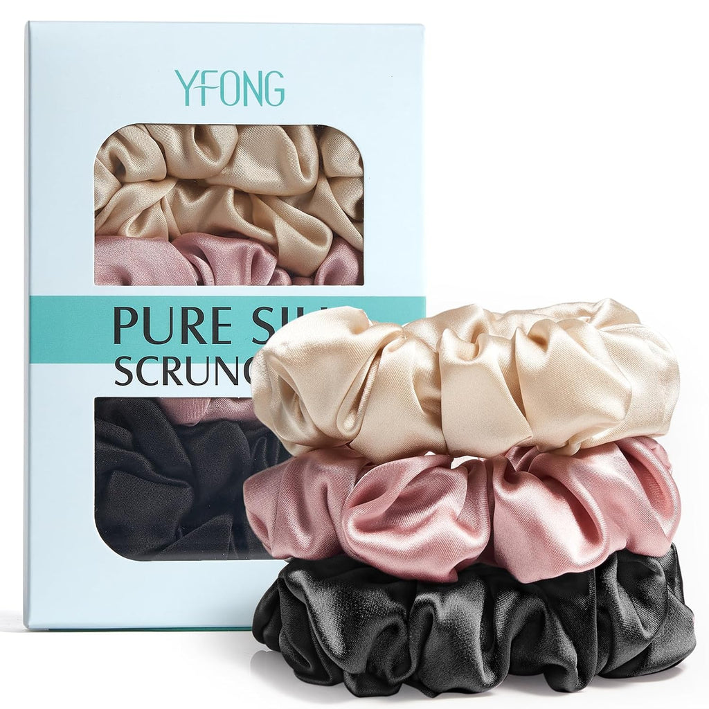 YFONG 3 PCS 100% Mulberry Silk Scrunchies for Women Girls, Soft No Damage