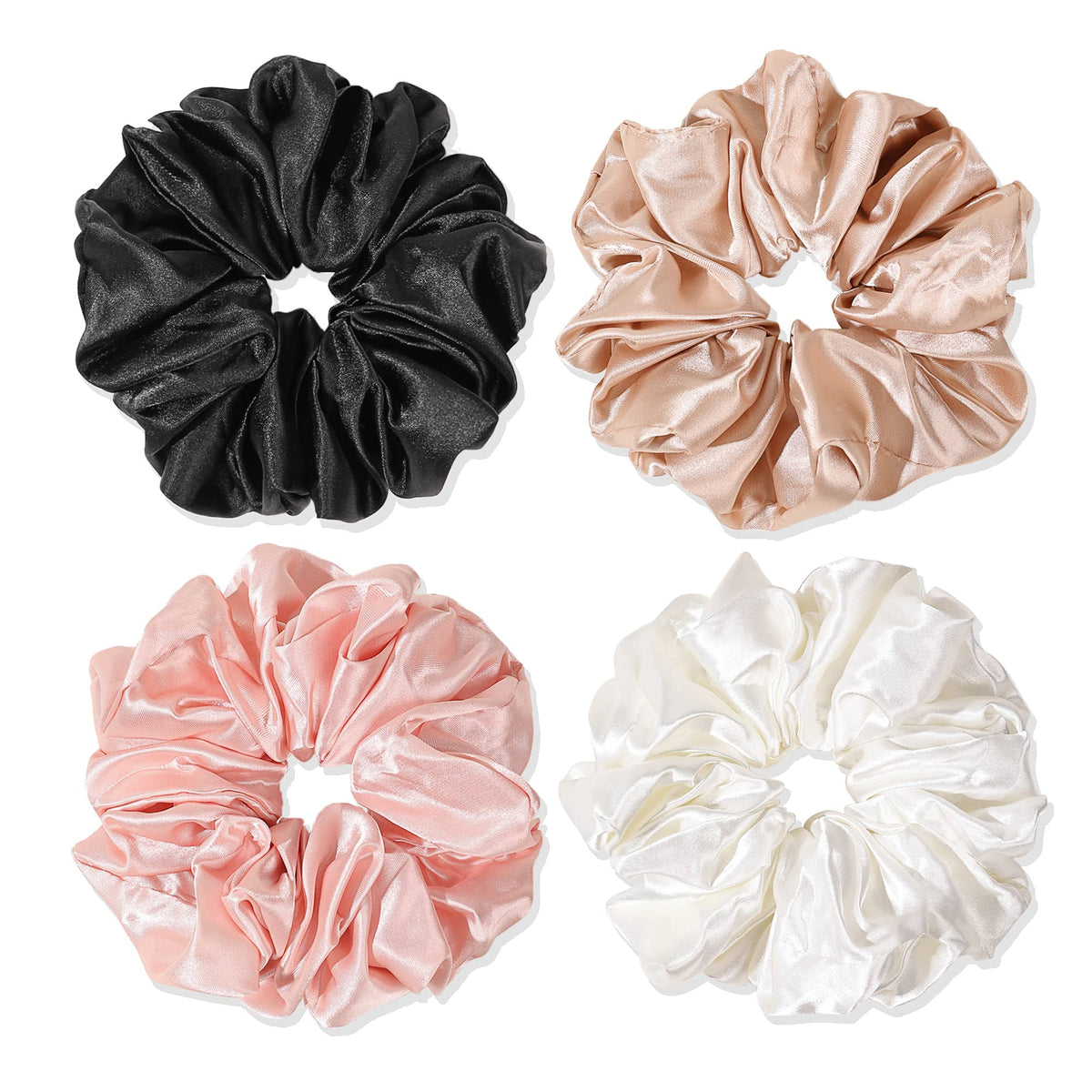 Ivyu Scrunchies Hair Ties, Big Large Scrunchie for Girls Women, Cute Hairties Jumbo Scrunchy For Thick Curl Hair No Crease Hair Accessories Soft Ropes Ponytail Holder, 4 Count, Black, Brown, Beige